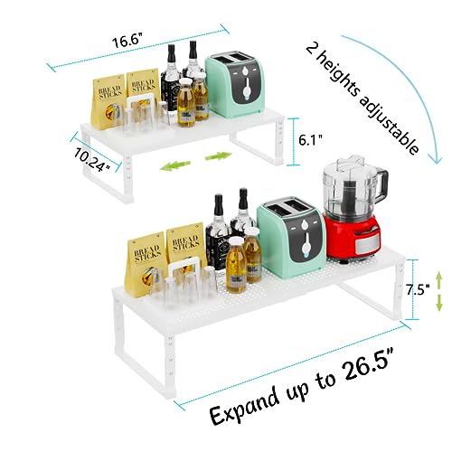 Expandable Stackable Kitchen Organizer Set - 3 White Metal Shelves, Adjustable & Heavy Duty