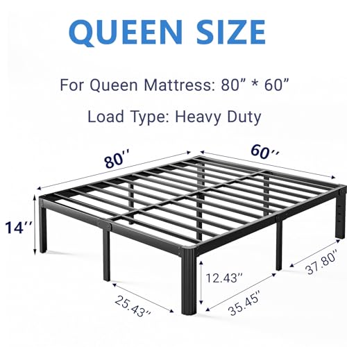 14-Inch Queen Platform Bed Frame No Box Spring Needed Noise-Free Heavy Duty Black