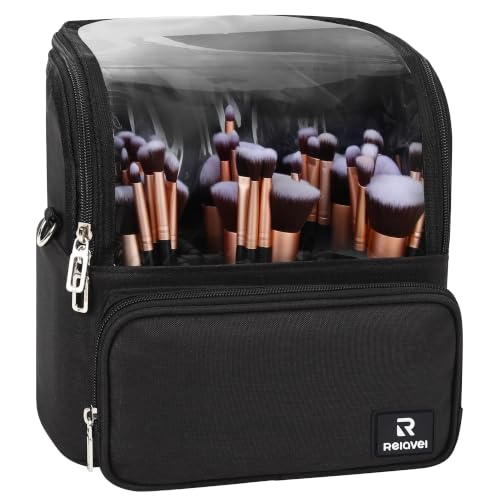 Large Makeup Brush Bag with Adjustable Dividers - Black, X-Large, Travel Friendly