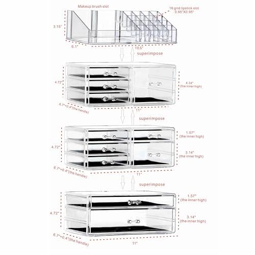 Cq acrylic Clear Makeup Storage Organizer Drawers Skin Care Large Cosmetic Display Cases Stackable Storage Box With 11 Drawers For Dresser 1 Pack