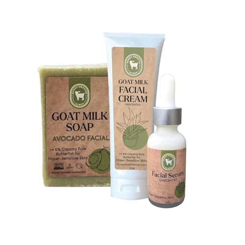 Honey Sweetie Acres All-Natural Skincare Bundle ? Avocado Cleansing Bar, Vitamin B Serum & Goat Milk Cream ? Hypoallergenic, Fragrance-Free for Sensitive Skin