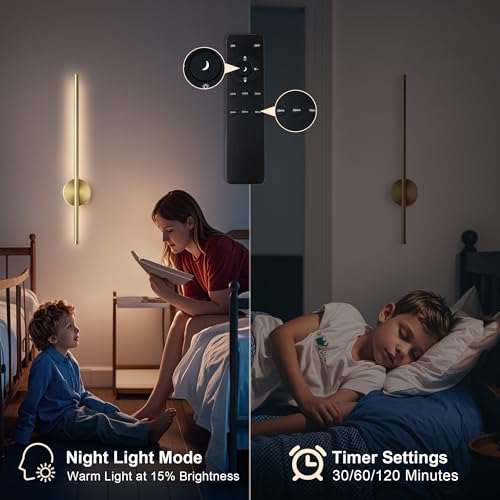 KARTOOSH Wireless Wall Sconce Set of Two, 23.6 Inch Brass Modern Battery-Operated Lighting