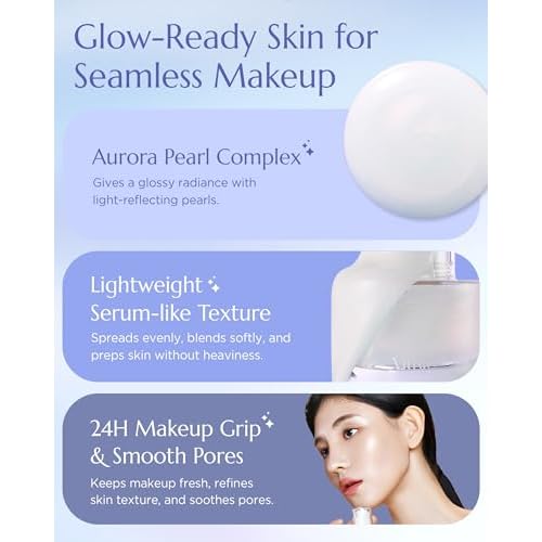 Aurora Glow Grip Primer Prep - Korean Illuminating Makeup Base for Radiant Skin - 8-Layer Hyaluronic Acid and Ceramides - Pore Minimizing, Sebum Control, Long Lasting Makeup, 1.01 fl.oz.