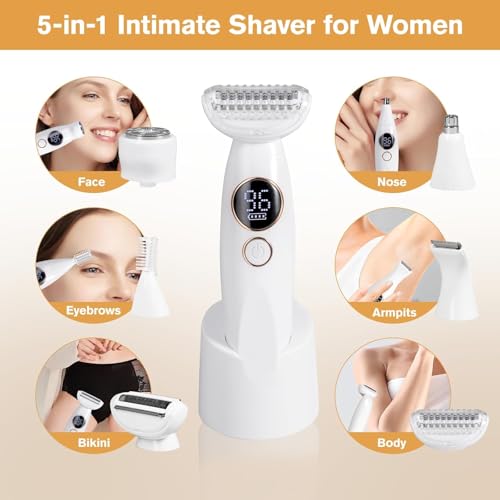 Bikini Trimmer for Women, Electric Razors for Silk Skin 5-in-1, IPX7 Waterproof, USB Rechargeable, Electric Razors for Women for Face, Eyebrows, Body, Bikini Zone with Charging Station