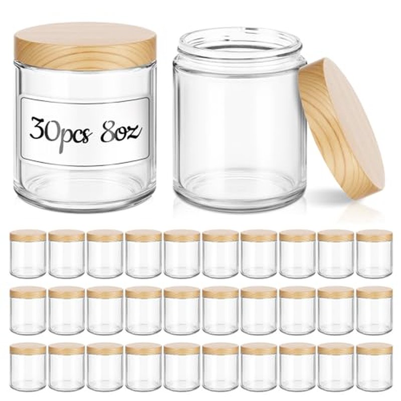 8 oz Glass Jars with Lids, 30 Pack Clear Small Glass Jars with Woodgrain Lids Leakproof Round Airtight Empty Cosmetic Travel Containers for Lotions Powders and Candle Making