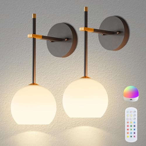 Black and Gold Wireless Rechargeable Wall Sconces Set of 2 with Remote, RGB & Dimmable LED Wall Lights