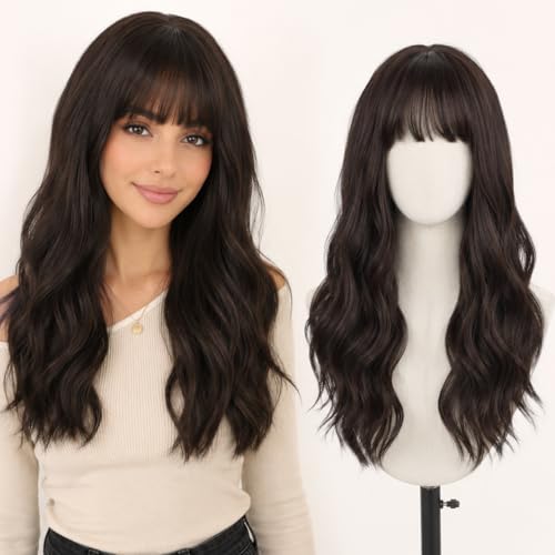 Long Wavy Wig with Bangs for Women Dark Brown, Natural Look, Adjustable Fit