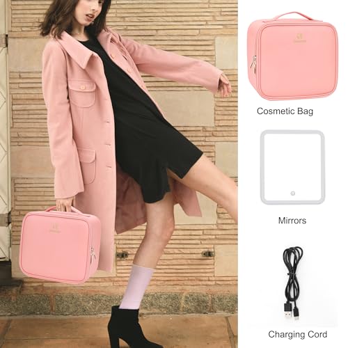 Relavel Pink Travel Makeup Bag with LED Mirror, Waterproof Organizer & Removable Dividers - Small