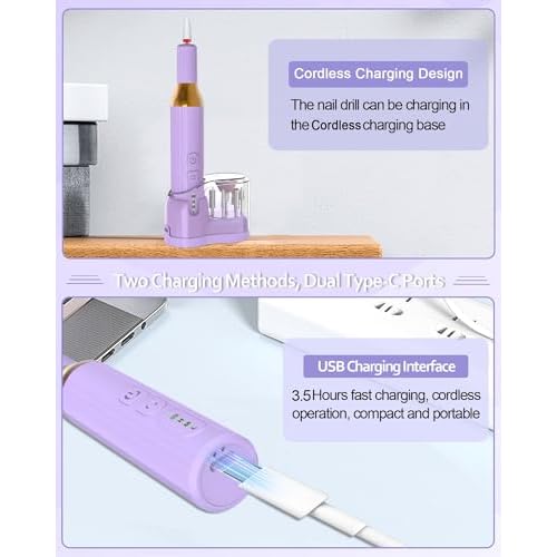 Nail Drill,Cordless Electric Files for Gel Nails E-File Manicure Kit Women Rechargeable Cordless Drill para U?as Profesional Machine Grinder Acrylic Purple