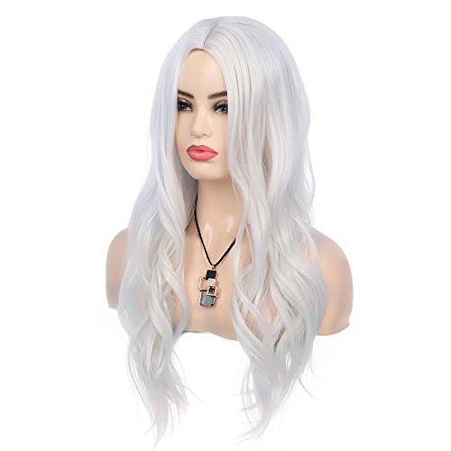 White Long Curly Wavy Costume Wig for Women Girls - Heat Resistant Synthetic, Middle Part, Halloween Cosplay