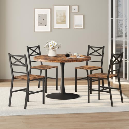 Rustic Brown Dining Chair Set of 2 - Farmhouse Kitchen Chairs with Metal Frame
