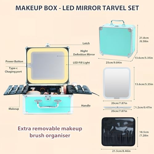 Makeup Organizer Box with Detachable Lighted Mirror, Travel Train Cosmetic Case, Adjustable Divider Storage Bag, Portable Artist Storage Suitcase with Magnetic LED Mirror (Rose Gold)