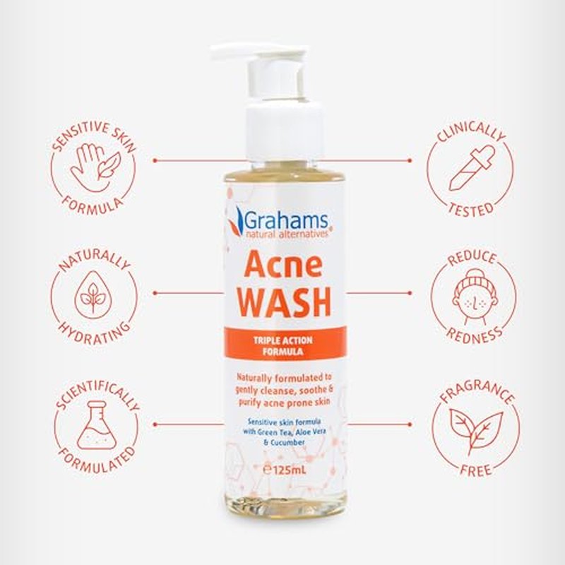 Grahams Natural All-Natural Acne Face Wash Gentle Acne Cleanser with Aloe Vera, Cucumber & Green Tea Extract - Reduces Breakouts, Calms Redness, Hydrates Skin - Hypoallergenic (4.23 fl oz)
