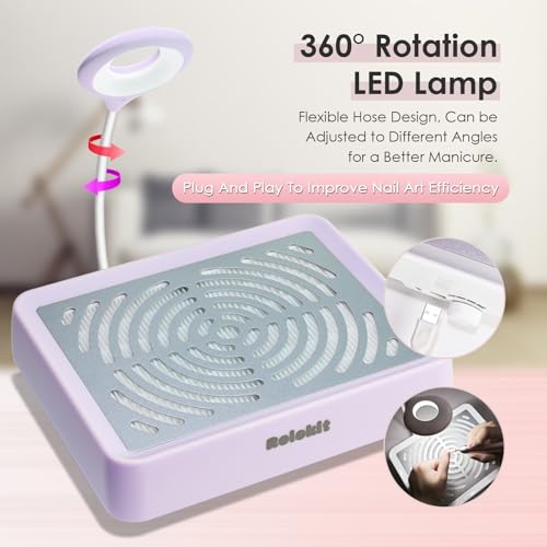 Purple Nail Dust Collector with Lamp & 50 Disposable Filters - Electric Manicure Vacuum