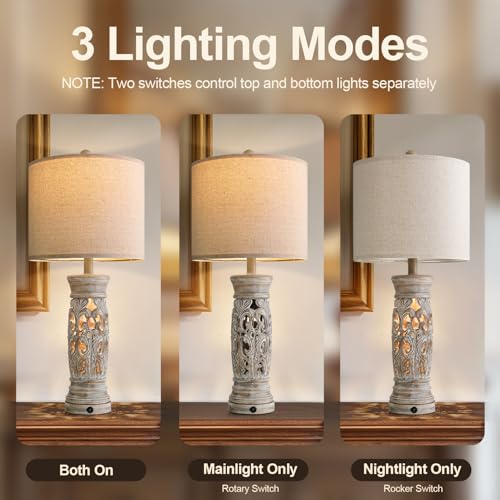 27.25-Inch Farmhouse Table Lamps Set of 2 with Night Light - Rustic Distressed Wood Finish