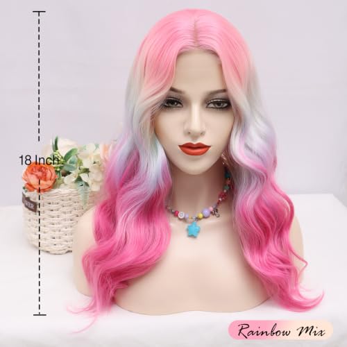 Rainbow Mix Wigs for Women - 18 Inch Wavy Synthetic Wig with Middle Part - Variation of Rainbow Mix / 18 Inch