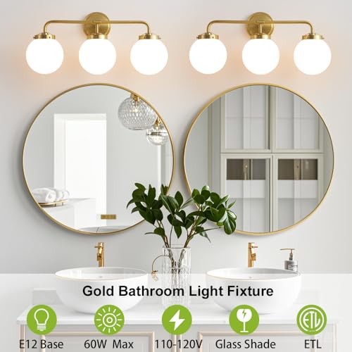 Deyidn Gold 3-Light Brushed Vanity Light Fixture 22.4in for Bathroom Mirror