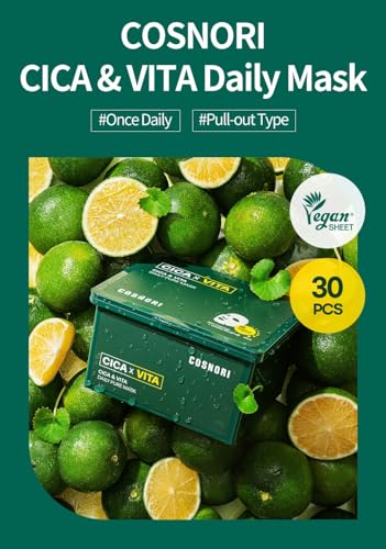 COSNORI Cica & Vitamin Daily Face Mask Pack - 30 Sheets, Vegan, Hydrating Korean Skin Care