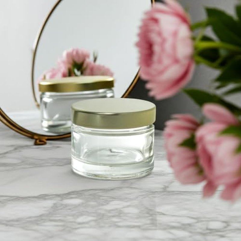 (6 Pack) 1 oz Clear Glass Balm Jars with Gold Metal Foam Lined Lids + Spatulas