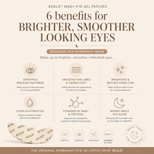 SEALD NAD+ Peptide Under Eye Gel Patches for Puffiness & Brightening, Hydrating Overnight Treatment, 10 Pairs