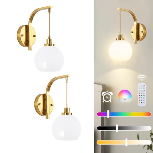 Gold Rechargeable Battery Operated Wall Sconce Set of 2 with RGB & Dimmable Warm White Light - Remote Control