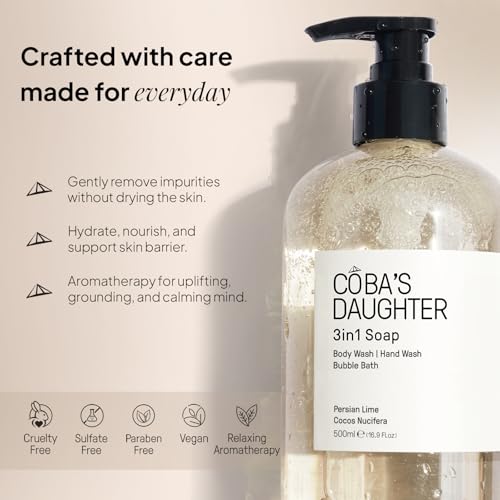 COBA'S DAUGHTER 3in1 Soap | Bubble Bath, Body Wash & Hand Wash | Aromatherapy-Infused with Persian Lime & Cocos Nucifera | Inulin & Seaweed Extract for Smooth, Hydrated Skin (16.9 Oz)