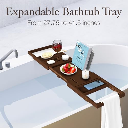 Bambüsi Brown Bamboo Expandable Bathtub Tray with Wine Holder & Book Stand