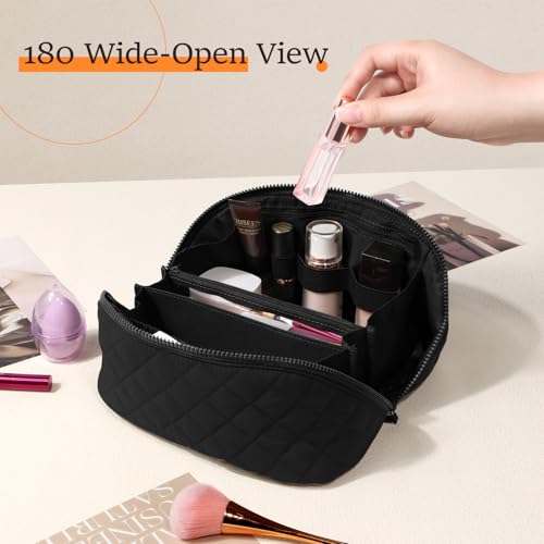 Makeup Bag for Women, Wide Open Lay-Flat Water-Resistant Cosmetic Case, Festivalment Makeup Bag, Spacious 180¡Æ Open Cosmetic Organizer for Toiletries & Brushes Large Capacity with Compartments (Black)