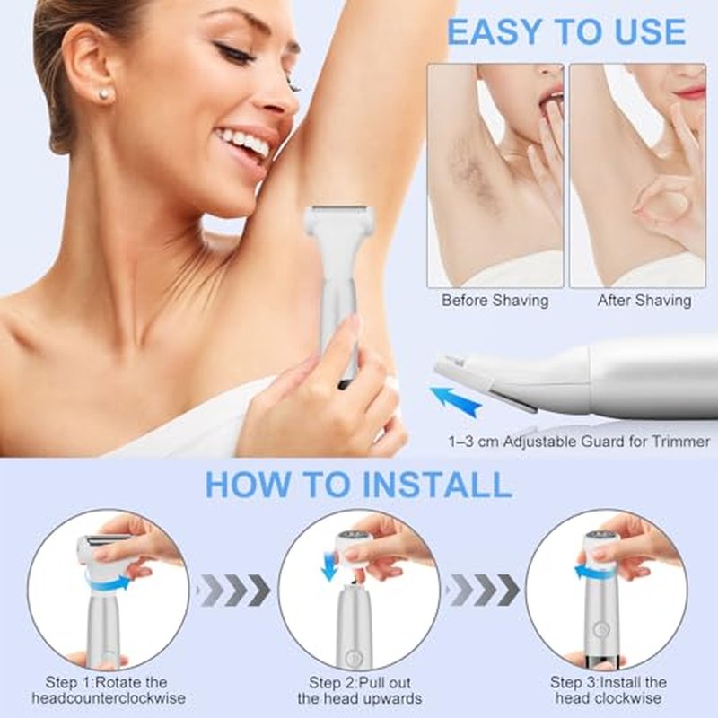 6 in 1 Bikini Trimmer and Shaver Kit for Women, Wet/Dry Electric Body Hair Trimmer Facial Hair Removal Cordless Waterproof Bikini Shaver Razor for Face Nose Eyebrow Arm Leg Pubic Armpit Bikini