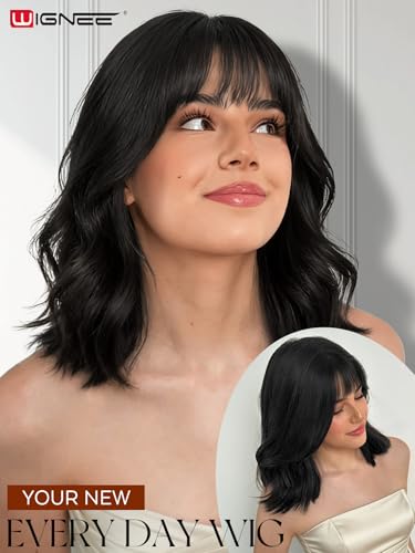 Human Hair Wigs with Bangs - 12 Inch Natural Wave Black Wig for Women