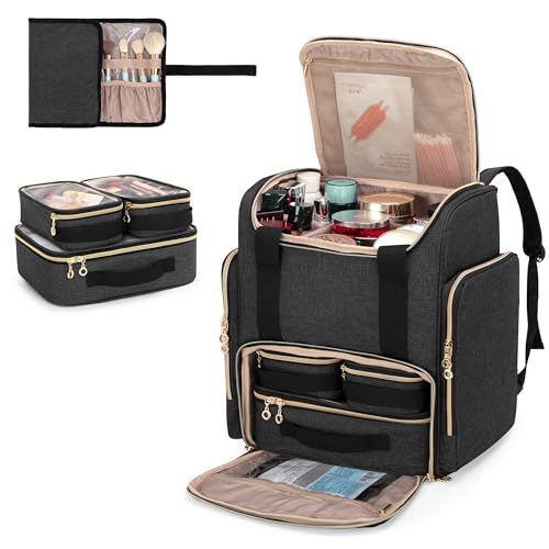 LUXJA Makeup Backpack with 3 Removable Cases and 1 Makeup Brush Bag, Large Makeup Bag Cosmetic Bag with Multiple Storage Sections (Patented), Black
