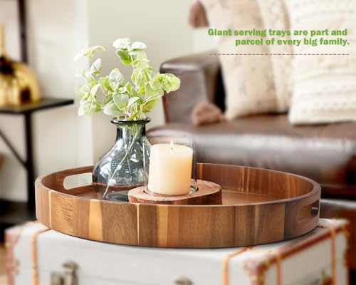 20 Inch Round Acacia Wood Serving Tray - Large Heavy Duty Kitchen & Home Organizer