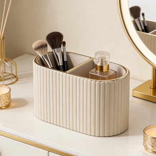 KINGFOM Makeup Brush Holder Organizer with Divider - Mocha Beige Leather Vanity Storage
