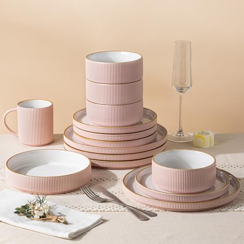 GBHOME Stoneware Dinnerware Set for 4 - 12 Pieces Pink Ribbed Plates & Bowls
