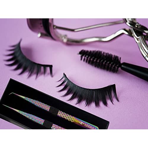 Eyelash Extension Tweezers Fiber Tip (Anti ? Slip) Set of 2 pieces straight & curved with Diamond Grip, Rainbow Colour,14cm, volume Tweezers, Lash Extension Precision tweezers. (Multi)