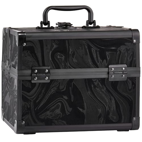 Makeup Train Case, Portable Makeup Case with Mirror, 2-Trays Cosmetic Organizer Case,Nail Polish Organizer, Travel Makeup Box, Profesional for Salon Barber, Pattern Black