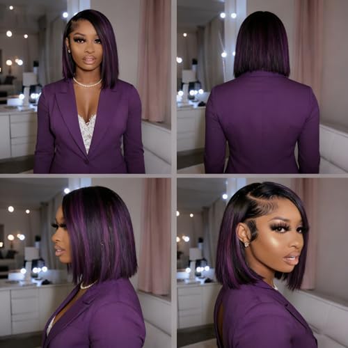 Purple Highlight Bob Wig 13x4 Lace Front Human Hair for Black Women 10 Inch