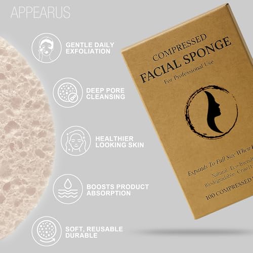 Appearus Natural Cellulose Facial Sponges ? 100 Pack (Compressed) ? Professional Spa Facial Sponge Pads for Cleansing, Exfoliating, Makeup Removal ? White ? Gentle on Sensitive Skin