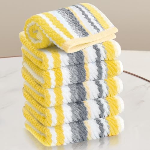 Yellow Gray Cotton Washcloths 6 Pack - 13x13 Inches, Quick Dry, Striped