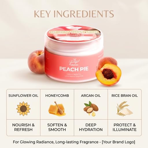 Peach Body Butter 8oz Hydrating Moisturizer with Jojoba, Argan & Vitamin E - Long-Lasting Fragrance