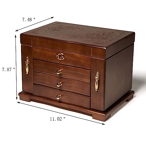 FEECOZ Wooden Jewelry Box for Women with Mirror & Lock - Dark Brown Rose Pattern