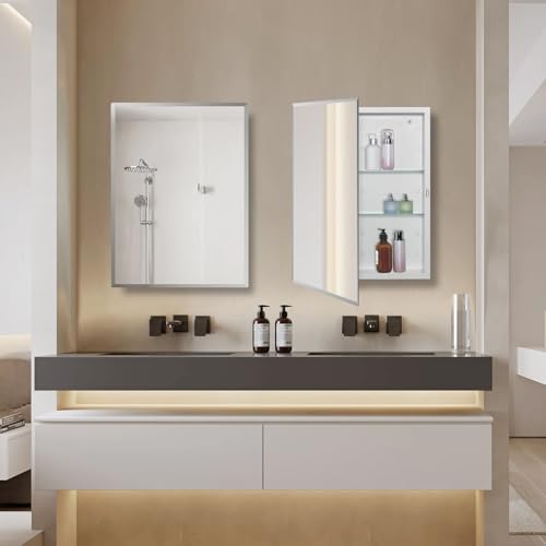Matt White Bathroom Medicine Cabinet 14x18 Inch Beveled Edge Mirror Recessed or Surface Mount with Adjustable Shelves