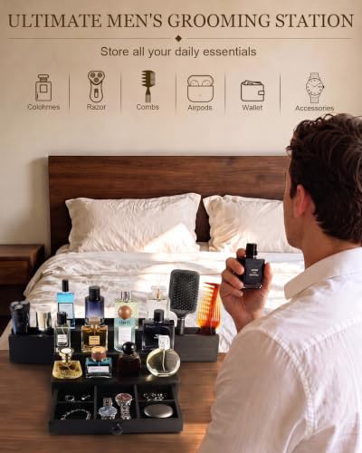 Men's 3-Tier Black Cologne Organizer Stand - Solid Pine Wood, Dual Drawers