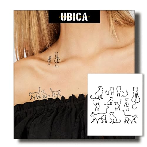 Cats Semi Permanent Tattoo, 2 Sheets Small Minimalist Fine Line Cat Temporary Fake Tattoos, Lasts 7-15 Days, Waterproof and Non-Reflective, Body Art Stickers for Women Men Adults