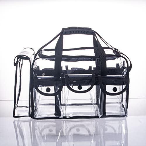 Large Clear PVC Travel Makeup Organizer Bag with 6 Pockets - Black