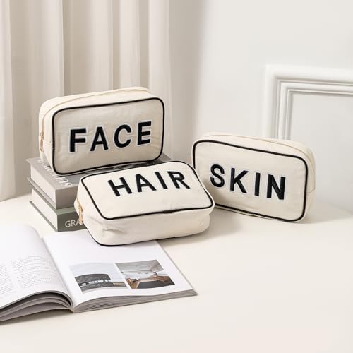 Black Hair Skin Face 3Pcs Canvas Makeup Bag Set - Chenille Letter Organizer