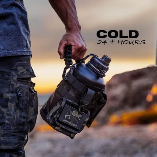 Insulated Water Bottle with Paracord Handle 64 oz Black Camo - Rugged Stainless Steel Jug with Removable Sleeve