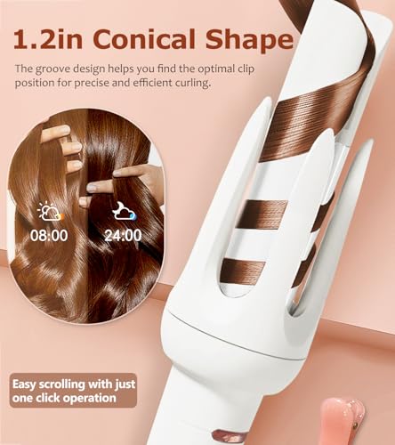 Automatic Hair Curler with 4 Temp & 3 Timer - White - Safe Rotating Wand
