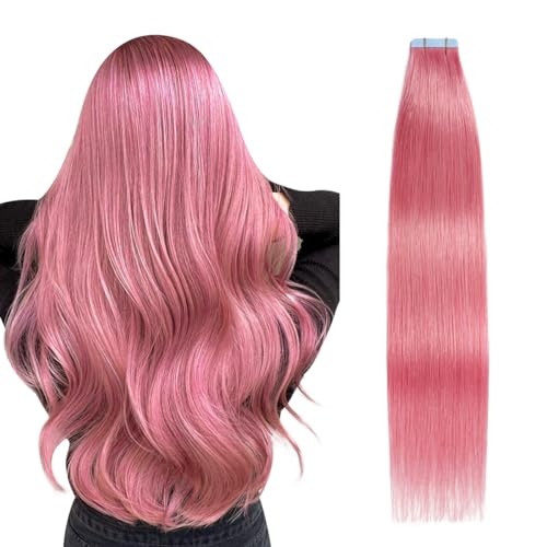 Pink Tape-In Hair Extensions 18 Inch Human Hair Remy Seamless Weft - Hot Pink 10PCS - SUYYA