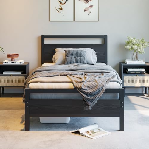 Black Twin Bed Frame with Wooden Headboard, Metal Platform, No Box Spring Needed